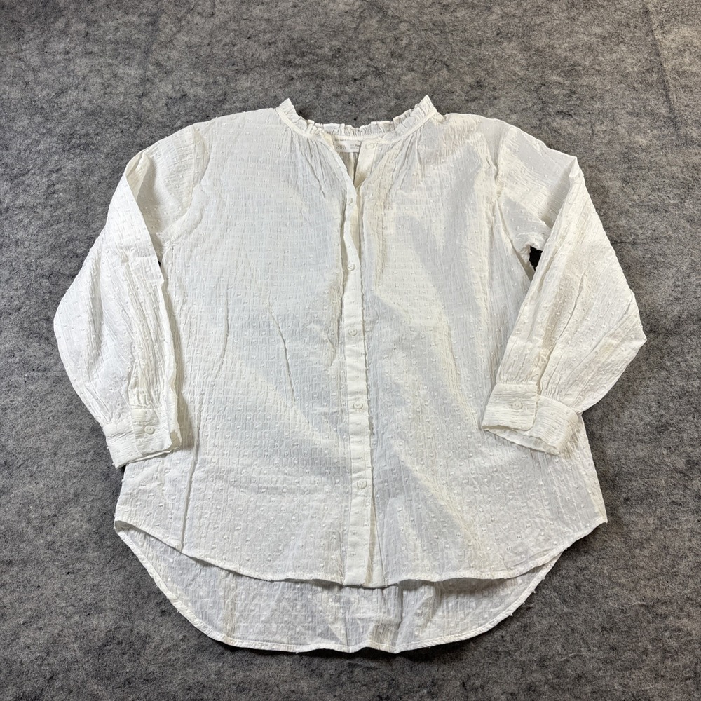 New Zara Button-Up Blouse Girls 13-14 White Solid Long Sleeve Cottage Boho